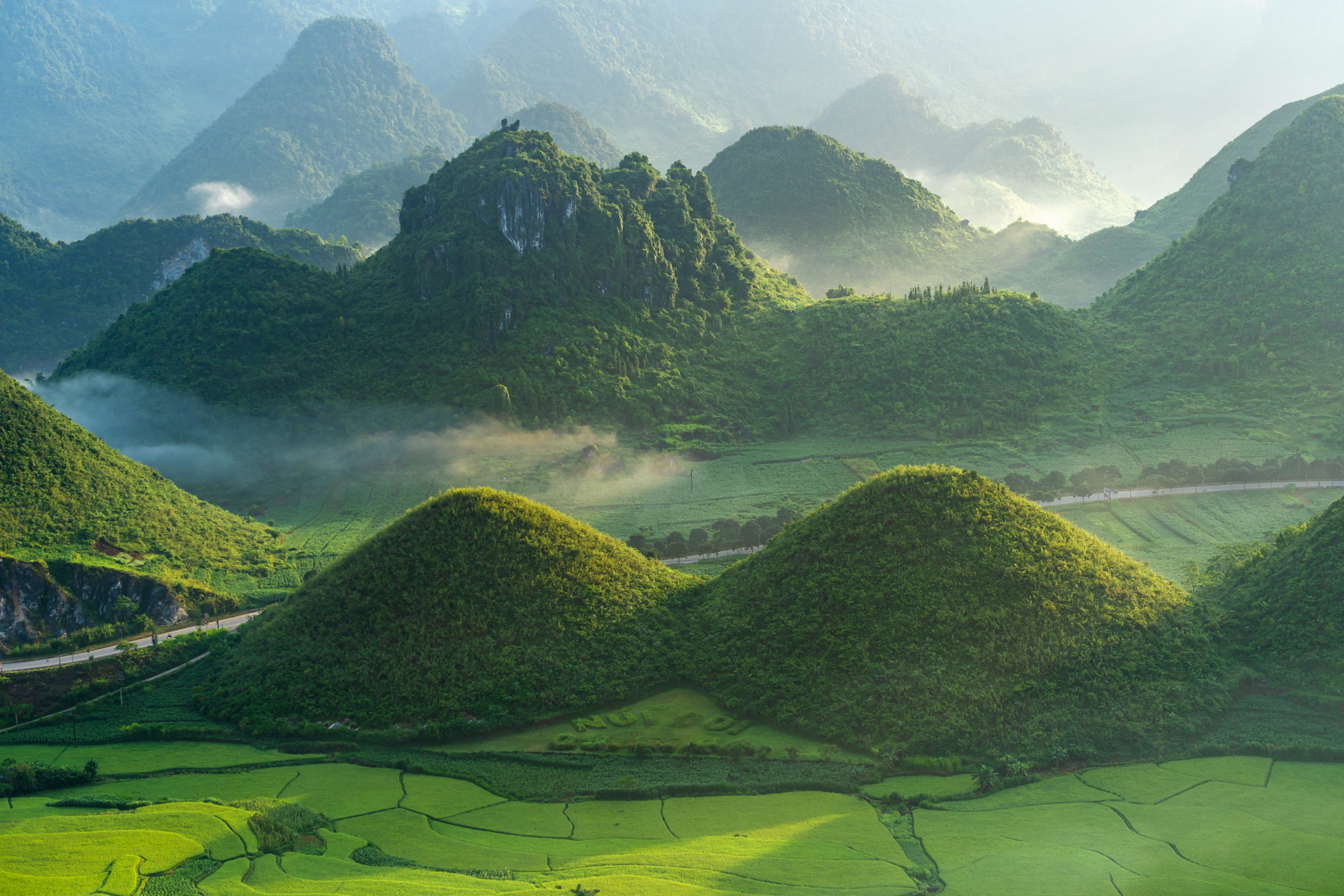 Quản Bạ’s Twin Mountains surrounded by lush greenery and triangular circuit flowers.