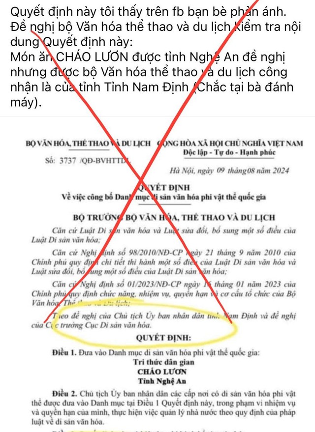 Bộ VHTTDL đề nghị xử lý thông tin xuyên tạc, sai sự thật việc tri thức dân gian “Cháo lươn” Nghệ An được đề cử Di sản văn hóa phi vật thể